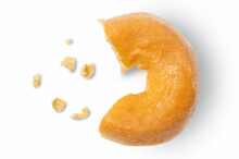 Missing Piece Of Plain Donut With Crumbs On White Background.