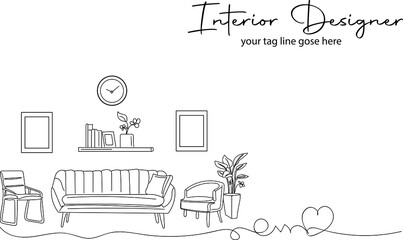 Outline sketch drawing of Indian Interior Designer room and furniture, Line art illustration of room decoration designer