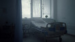 © stockbusters - Dark empty hospital room interior with abandoned neat beds shuttered windows.
