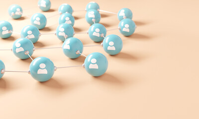 Connecting people and communication concept, social network. People icon connected together on blue background. Teamwork, 3d render. Copy space.