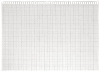 Checked spiral notebook page paper background, old aged white chequered ring binder sheet flat lay A4 copy space, isolated horizontal grey squared pattern maths notepad, torn out stapled blank empty