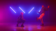 © stockbusters - Trendy dancers battling playfully in freestyle dance. Couple dancing hip hop.