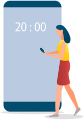 Wall Mural - woman working with electronic gadget display. smartphone home screen interface with time vector illu