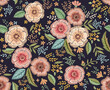 © tafiart - Beautiful Embroidered flowers and leaves on a black background.  Vector seamless pattern.