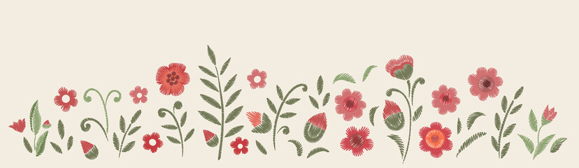 Embroidered flowers. Design element. Vector print.