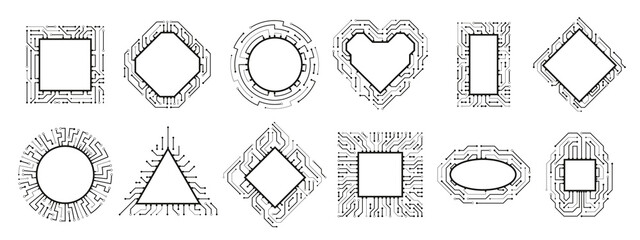 Microchip frame. Electronic chip, CPU border and digital circuit line board. Computer rocessors vector set