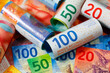 Swiss franc banknotes, financial backdrop, CHF