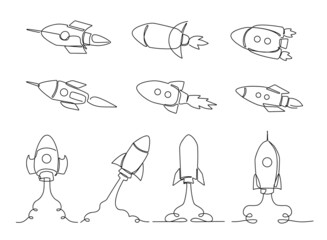 One line rocket. Space ship launch, simple rockets flying into universe and spacecraft sketch vector illustration set