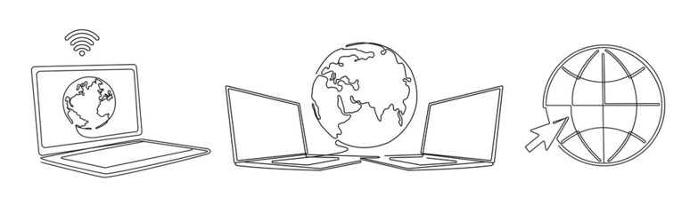 World with connected computers. One line laptop with worldwide intertet, globe access computers and globe connection concept vector Illustration set