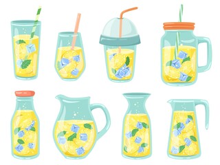 Wall Mural - Cold lemonade. Fresh drinks, homemade lemonade in bottle, jug and glass with lemon slices and ice cubes vector illustration set