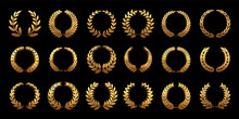Golden 3D Laurel Wreath. Gold Wheat Ornamental Borders, Round Heraldic Frame And Premium Circle Branch With Leaves Vector Set