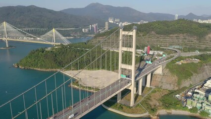 Wall Mural - Drone over the Tsing ma bridge in Hong Kong