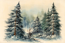 Evergreen Pine Trees In A Snowy Field. Vintage Winter Scene Oil Painting. Christmas Concept.