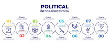 Infographic Template Design Vector With Icons And 8 Options Or Steps. Infographic Elements From Political Concept. Included Uncle Sam Hat, Peace Treaty, Political Publicity On Monitor Screen,