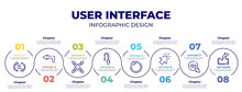 Infographic Template Design Vector With Icons And 8 Options Or Steps. Infographic Elements From User Interface Concept. Included 21 Pap, Left Turn, Expand Arrows, Curve Arrows, Circular Arrow, Mouse