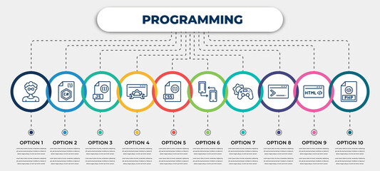 vector infographic template with icons and 10 options or steps. infographic for programming concept. included developer, c sharp, js, seo tools, css file format, cross-platform, game development,