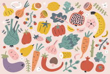 Vegetable Foods Collection, Various Fruits, Asparagus And Sweet Pepper, Broccoli, Greens. Healthy Cooking Ingredients. Hand Drawn Stylized Art, Isolated, Vector Illustrations, Good For Farmers Market