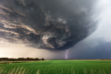 Wall Mural - dramatic supercell storm clouds and lightning strike over a field