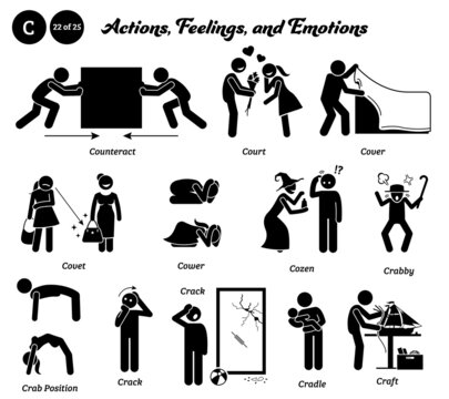 stick figure human people man action, feelings, and emotions icons alphabet c. counteract, court, co