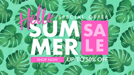 Wall Mural - Hello summer sale banner with monstera tropical leaves patten background. Vector illustration