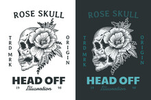 Set Skull Rose Dark Illustration Beast Skull Bones Head Hand Drawn Hatching Outline Symbol Tattoo Merchandise T-shirt Merch Vintage