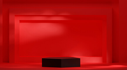Wall Mural - 3d render abstract room with realistic black pentagon podium red studio room background for product 