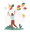 © Rudzhan - Woman with air balloons. Young girl on walk, active lifestyle and recreation. Weekend and character in city park. Person outdoor. Holiday and happy smiling person. Cartoon flat vector illustration