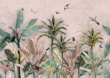 Pink Wallpaper Palm  Tropical Forest Vintage Jungle Pattern With Birds