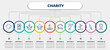 vector infographic template with icons and 10 options or steps. infographic for charity concept. included heart drop, charity app, human, animal rights, clean water, shelter beds, happy kids,