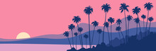 Sunset On The Protical Beach Palm Trees Mountains Ocean Beautiful Summer Landscape Vector Illustration