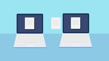 Wall Mural - online file transfer, file sharing between two laptop computer, internet technology concept - 2d ani