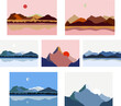 © Dysenkart - Collection of rectangular abstract landscapes. Sun, mountains, waves. Japanese style. Modern layouts, trendy colors. Layouts for social networks, banners, posters. vector illustration