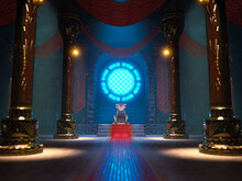 The Scene Of The King's Throne Hall With A Blue Circle Lighting Window In 3D Renderings.