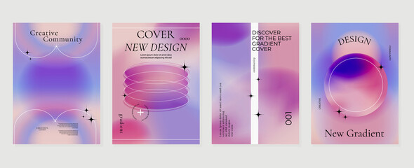 Abstract purple gradient liquid cover template. Set of modern poster with vibrant graphic color, hologram, circle shapes, star elements. Futuristic design for brochure, flyer, wallpaper, banner.