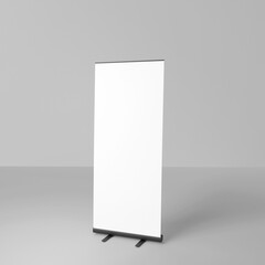 Wall Mural - Roll up banner isolated on white background. Vector empty display mockup for presentation or exhibition product. Vertical blank roll up stand template.. 3d render