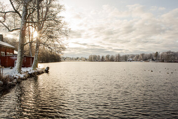 Helgasjön lake in the winter in Vaxjo, Sweden