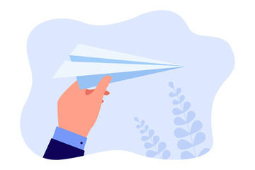 Wall Mural - hand of businessman holding paper plane. office person with origami airplane flat vector illustratio