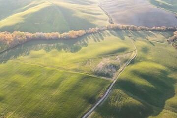 Wall Mural - Tuscany hill landscape. Waves hills, rolling hills, minimalistic landscape with green fields in the Tuscany. Val D'orcia in the province of Siena, Italy
Beautiful sunny day.