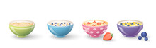 Oatmeal Porridge And Cereals Breakfast With Berries. Plates Of Oats Boiled Porridge And Cornflakes In Colorful Bowls With Milk, Yogurt. Set Of Breakfast With Oat Flakes, Corn, Blueberry, Strawberry