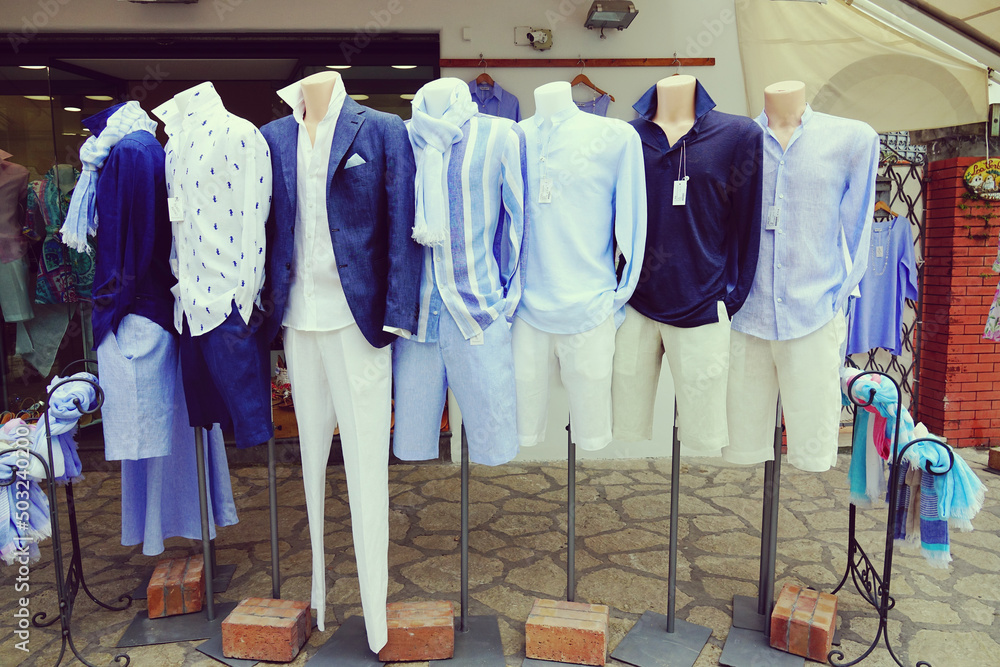 Men clothes in blue and white, trendy dress code of italian and greek  islands, outside a fashion store in Capri, Italy Stock Photo | Adobe Stock