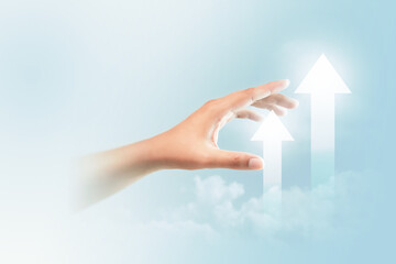 Wall Mural - hand growth success business development up arrow concept background of direction forward improvemen