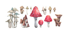 Set Of Forest Mushrooms Hand Drawn In Watercolor And Isolated On A White Background. Amanitas, Grebes, Chanterelles And Other Wild Mushrooms Illustration.