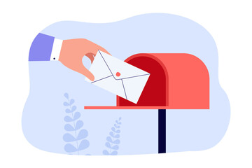 Wall Mural - hand of postman putting letter or envelope into open mailbox. courier delivering mail flat vector il