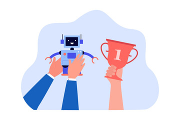 Wall Mural - hands holding cute robotic character and trophy. child winning robotics competition in school or col