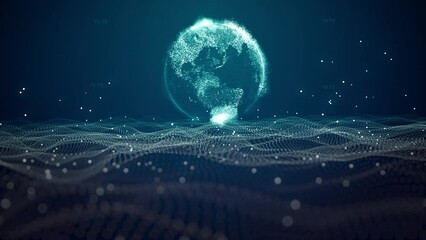 Poster - Digital world waves connection Global network, Technology digital data earth rotating, Abstract background animation 4K