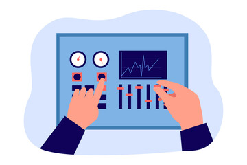 Hands pushing buttons and moving sliders on control panel. Dashboard with gauges and screen flat vector illustration. Equipment, management concept for banner, website design or landing web page