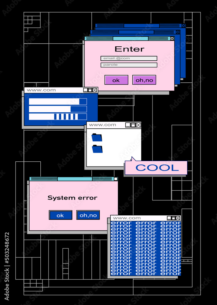 Retro vaporwave desktop with message boxes and user interface elements ...
