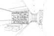 sketch drawing library area and bookshelf with seating and aisle,Modern design,vector,2d illustration