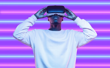 Metaverse user looking up in vr headset, playing online ar game