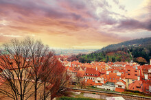 Travel And Architecture. Cityscape With Red Tiled Roofs View. Prague, Czech Republic.